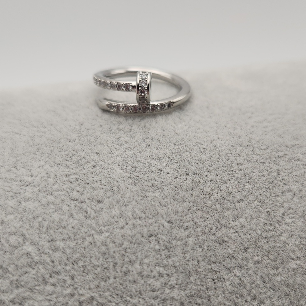 Silver Stainless Steel Nail Ring with Zircon Stones, Stainless Steel